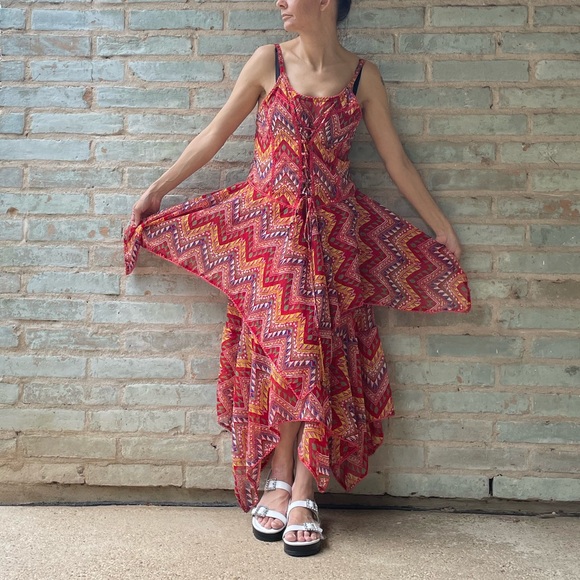 Tiered Maxi Dress Boho Red Lace Up Ruffled Handkerchief Hem Midi Sundress - Picture 5 of 15